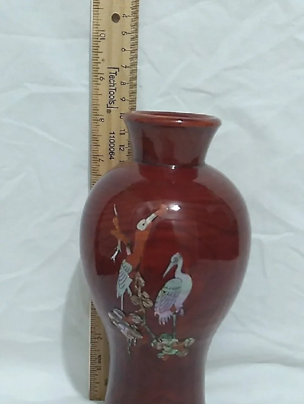 VNTG Japanese Red Lacquer Wood Vase  Mother-of-Pearl Crane  (B9)